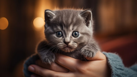British Shorthair kitten in woman hands. Selective focus.の素材