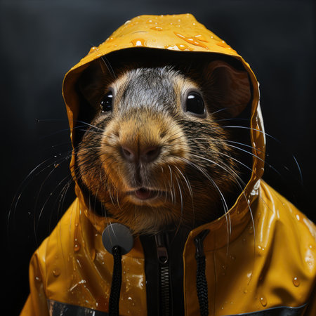 guinea pig in a raincoat on a black background. close-upの素材