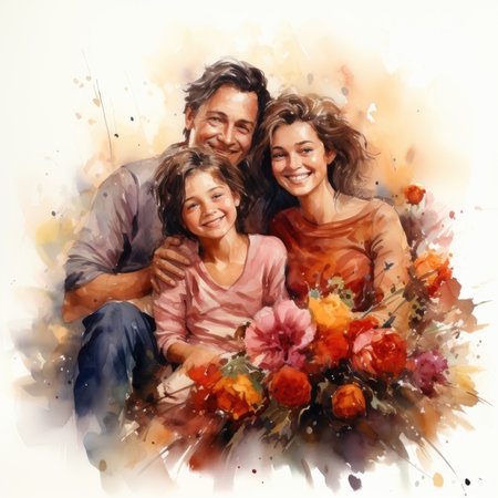 Watercolor Portrait of a happy family with flowers.の素材