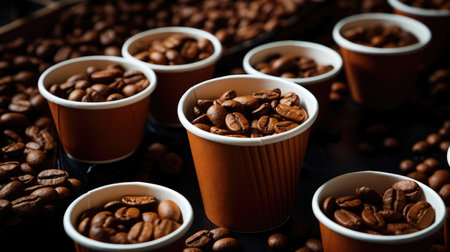 Coffee beans in paper cups on a dark background. Selective focus.の素材