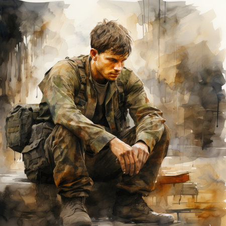 portrait of a soldier on a background of watercolor splashesの素材