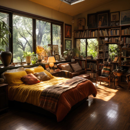 Interior of a modern bedroom with bookshelves and wooden furnitureの素材