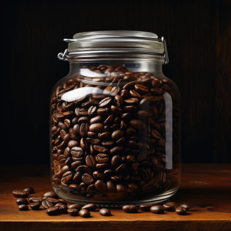 Coffee beans in a glass jar on a wooden background.の素材