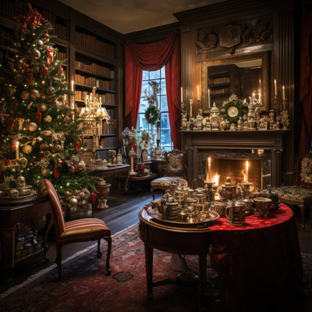 Interior of a living room with a Christmas tree and fireplace.の素材