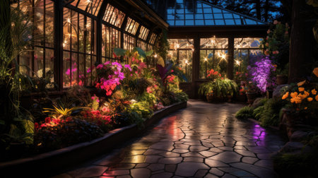 Beautiful garden with colorful flowers at night. Blurred background.の素材