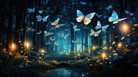 Mysterious dark forest with butterflies.の素材