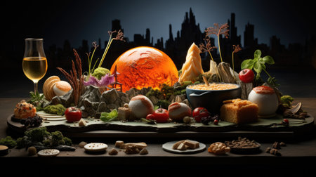 Mediterranean table with food and wine on dark background. Selective focusの素材