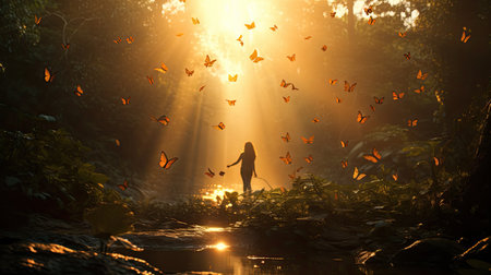 Silhouette of a girl in the forest with butterflies in the morningの素材
