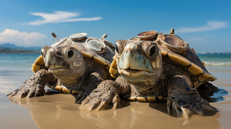 Turtles on the beach in the tropics. Close-up.の素材