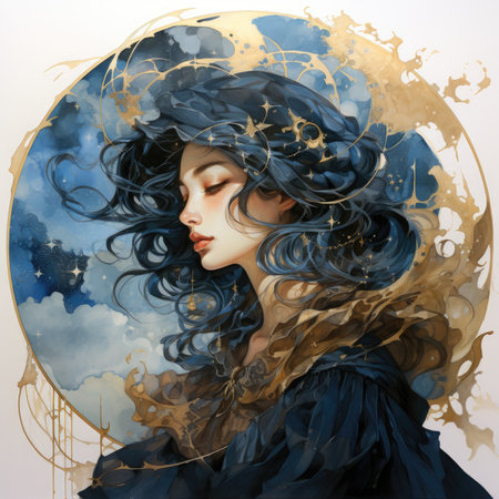 Beautiful young woman with blue hair and moon in the background.の素材