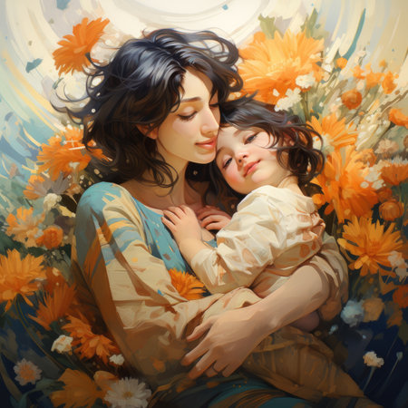 Mother with her daughter in a field of flowers.の素材