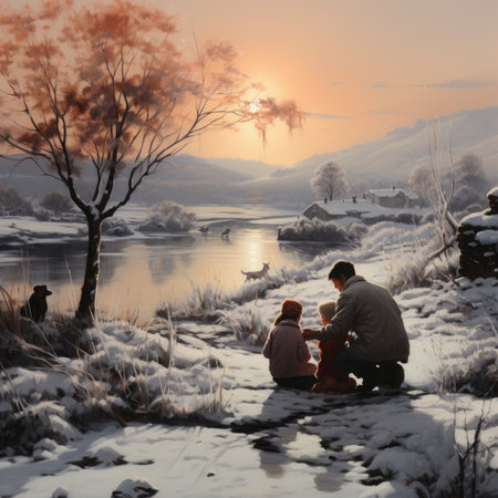 father and son sitting on the bank of a frozen river at sunsetの素材