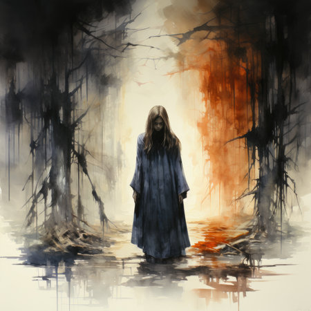 Watercolor Mysterious woman in a dark forest.の素材