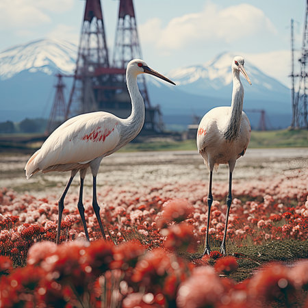 Two cranes standing in a field of red wild flowers against the background of an oil well.の素材