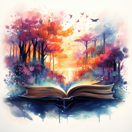 Watercolor Autumn landscape with magic book.の素材
