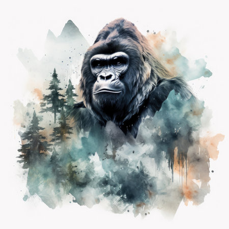 Watercolor Gorilla in the forest on white background.の素材