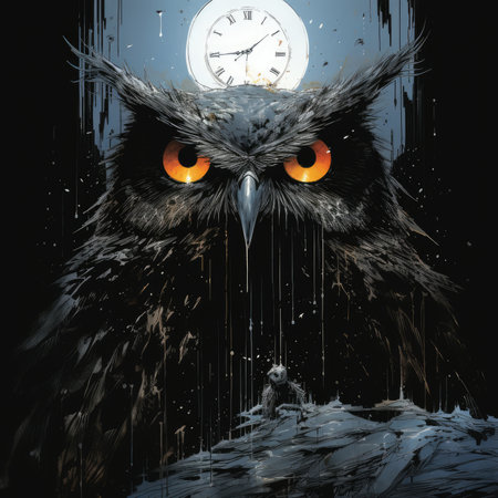 Owl with a clock in the night sky.の素材