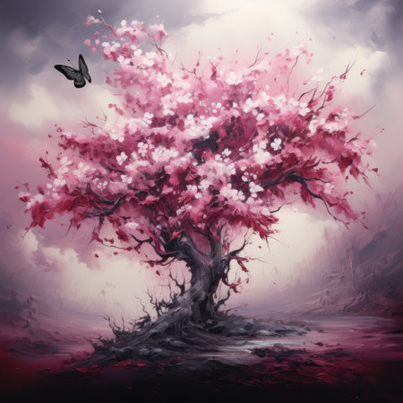 a pink cherry blossom tree with a black birdの素材