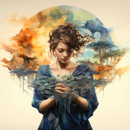 Portrait of a beautiful young woman in a blue dress with the image of the planet.の素材