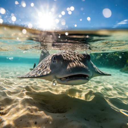 Picture shows a stingray swimming in the ocean.の素材