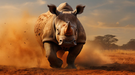 White rhinoceros in the savannah at sunset, South Africaの素材