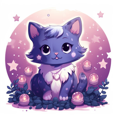 Cute cartoon cat sitting on the background of the starry sky.の素材