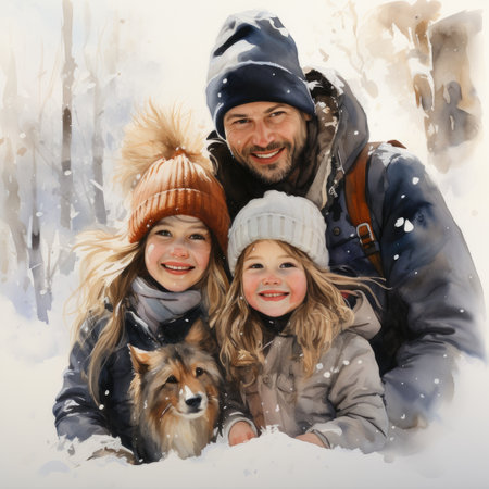 Watercolor Happy family with dog in winter park.の素材