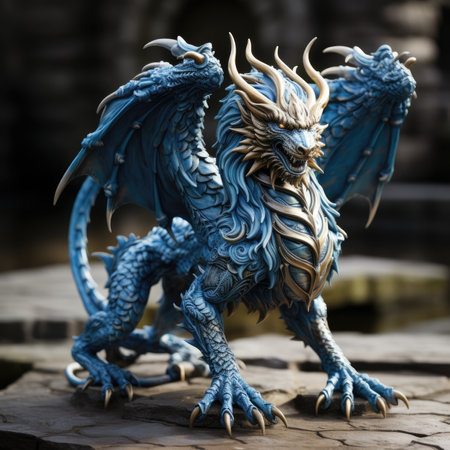 Blue dragon statue on a wooden backgroundの素材