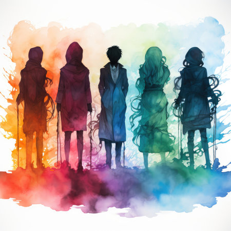 Silhouettes of a group of young people in colorful watercolorの素材