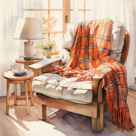 Cozy living room interior with armchair, table and plaidの素材