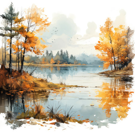 Watercolor Autumn landscape with trees and lake.の素材