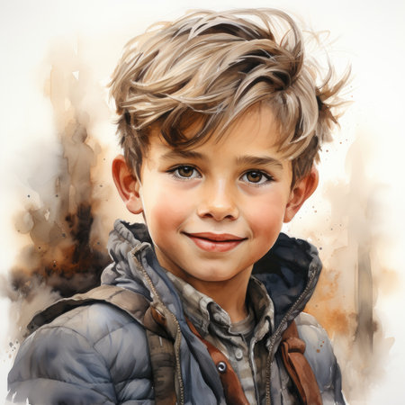 Portrait of a boy with blond hair in a winter jacket.の素材