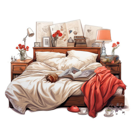 a wooden bed with a book and a lamp.の素材