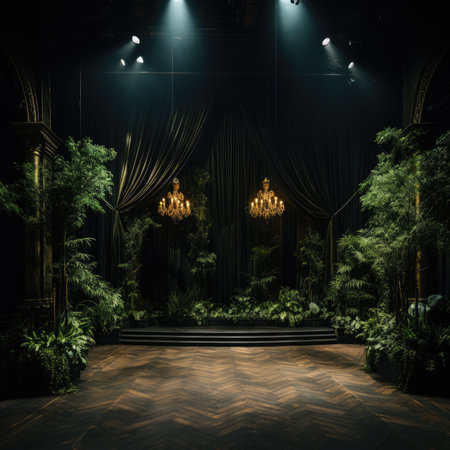 Interior of a dark room with a wooden floor and green plantsの素材
