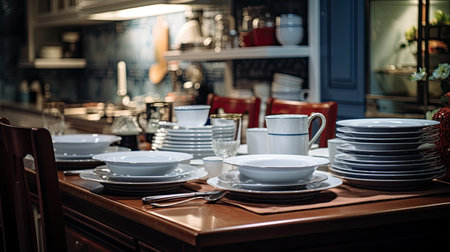 Dining table with plates and crockery in a restaurant.の素材