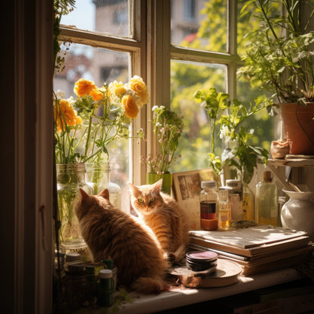 Cute ginger cat sitting on the windowsill and reading a bookの素材