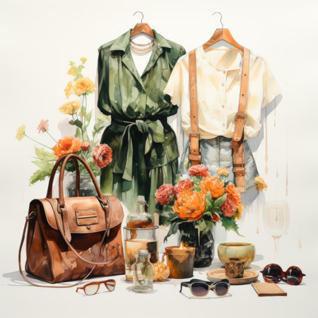Vintage hand drawn fashion still life with flowers, clothes and accessoriesの素材