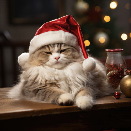 Cute cat in Santa Claus hat lying on wooden table at homeの素材