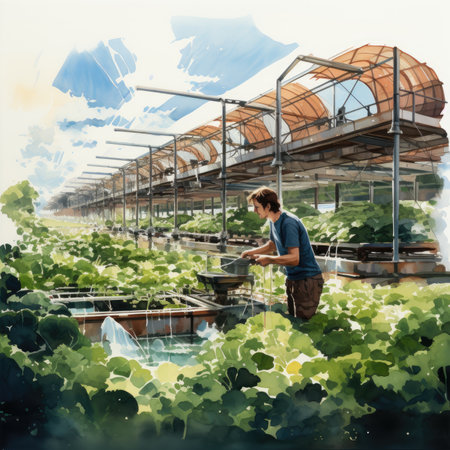 Watercolor young man working at hydroponic farm.の素材