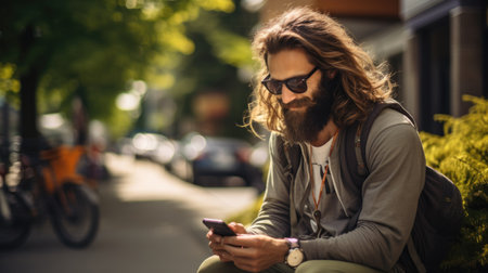 Young man with long hair and beard using mobile phone in the cityの素材