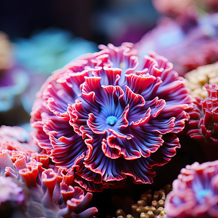Close up of red and blue flower in flower marketの素材