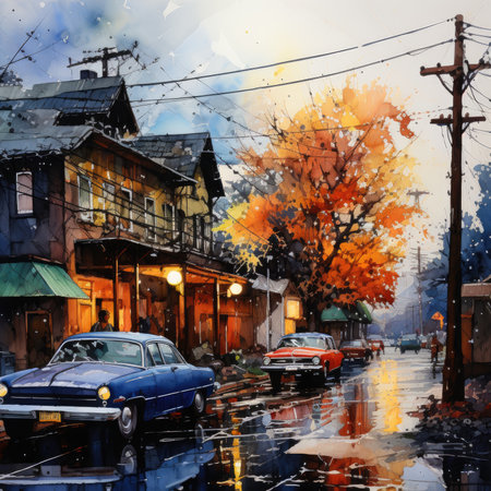 Watercolor old town street with old cars and houses.の素材