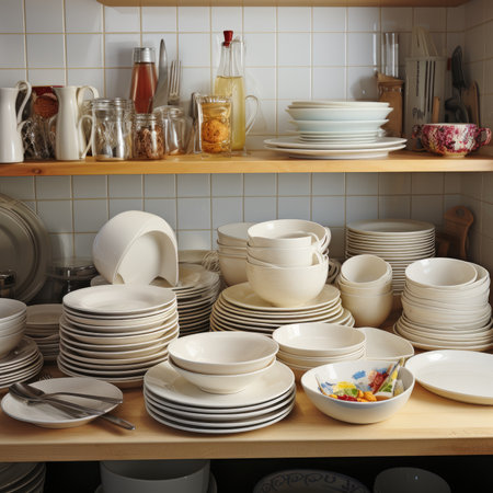 Dishware and utensils on shelves in the kitchen.の素材