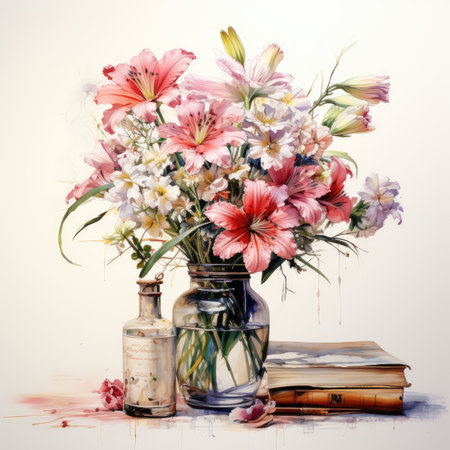 Bouquet of alstroemeria flowers in vase with booksの素材