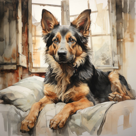 Watercolor Portrait of a dog on the bed.の素材