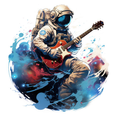 Astronaut in space suit playing the electric guitar.の素材