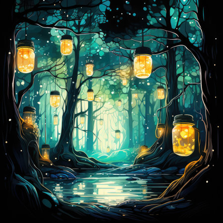 Night forest with lanterns.の素材