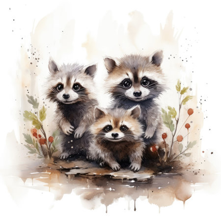 Watercolor three raccoons on a white background.の素材