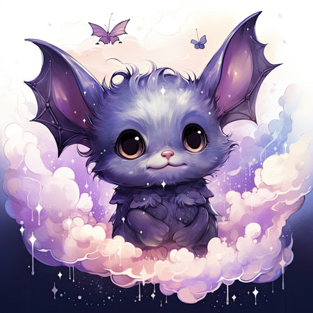 Illustration of a cute bat on a background of clouds and starsの素材