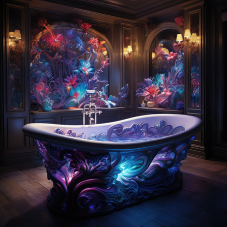 Bathroom interior with a large bathtub and decorative flowers.の素材